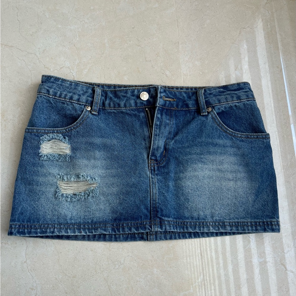 Edikted Distressed Denim Mini Skirt